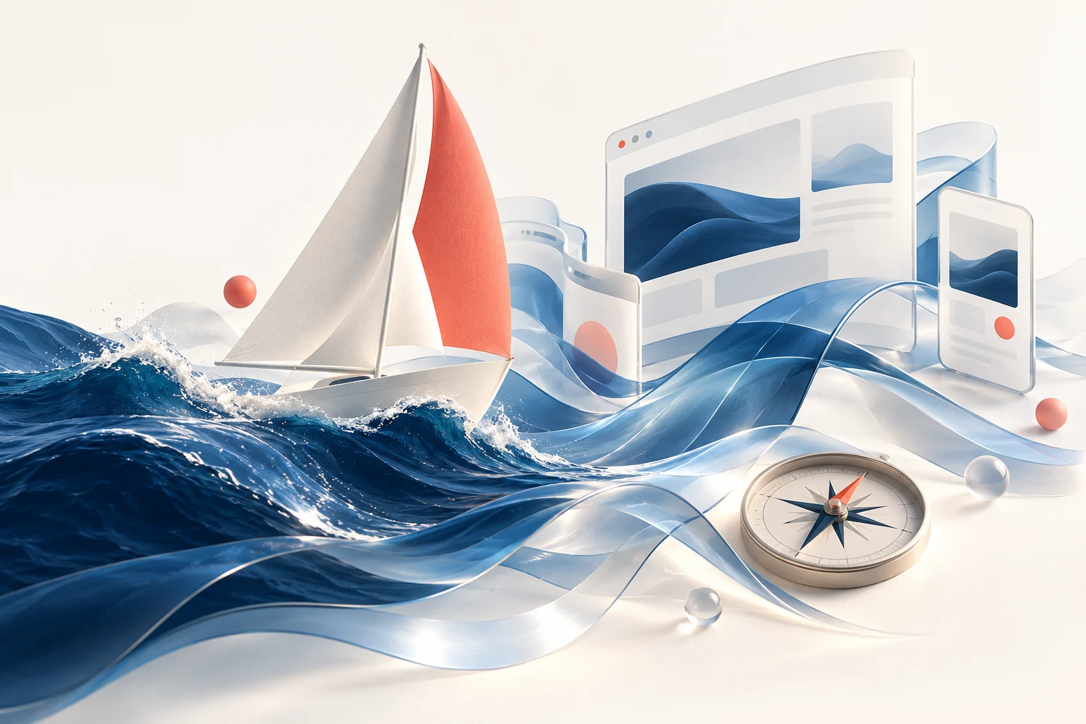Illustration originale : un voilier relie l’océan aux univers du web et du mobile