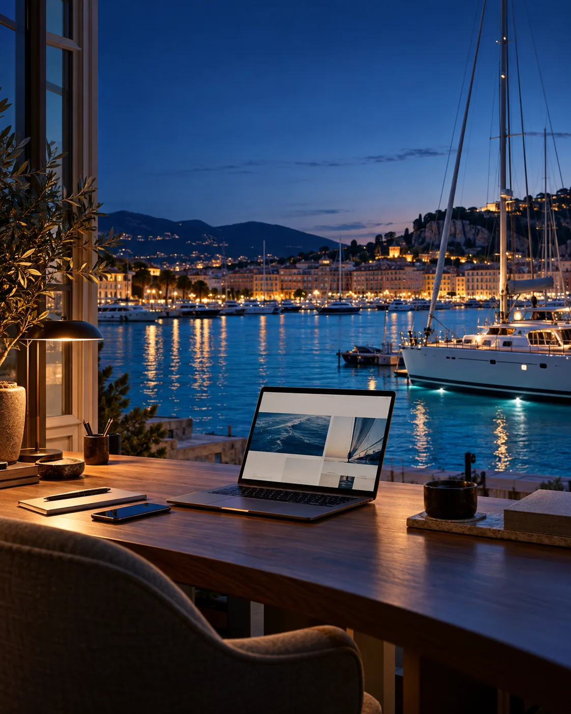 Un espace de travail digital ouvert sur un port méditerranéen et ses voiliers